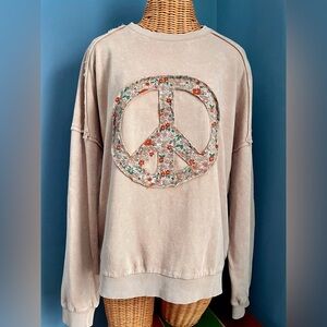 Three bird nest Jenny Floral Peace Sign Pullover Top Mocha Large Cotton Boho